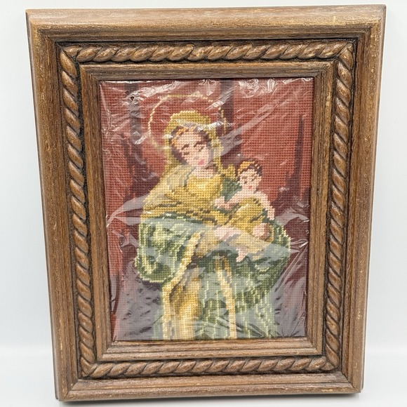 The Unbranded Brand Other - Vintage Framed Needlepoint Madonna And Child Religious Art 11x13